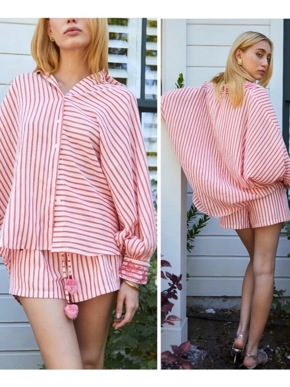 Pink & White Striped Button-Up Shirt with Floral Trim